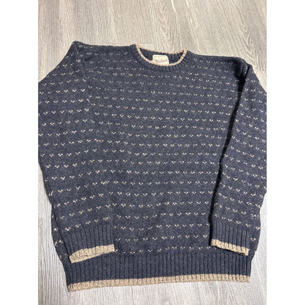 Woolrich Nottingham Tweed Mens Medium Navy Blue Birds Eye Wool Sweater 9369